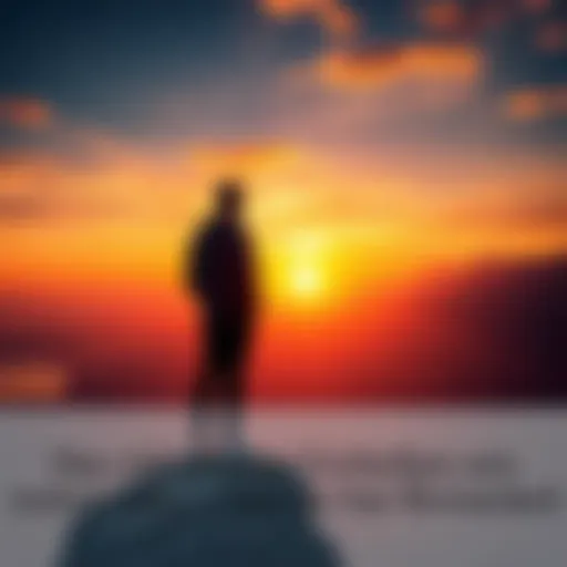 A person contemplating a bold decision while standing on a cliff, with a vibrant sunset in the background