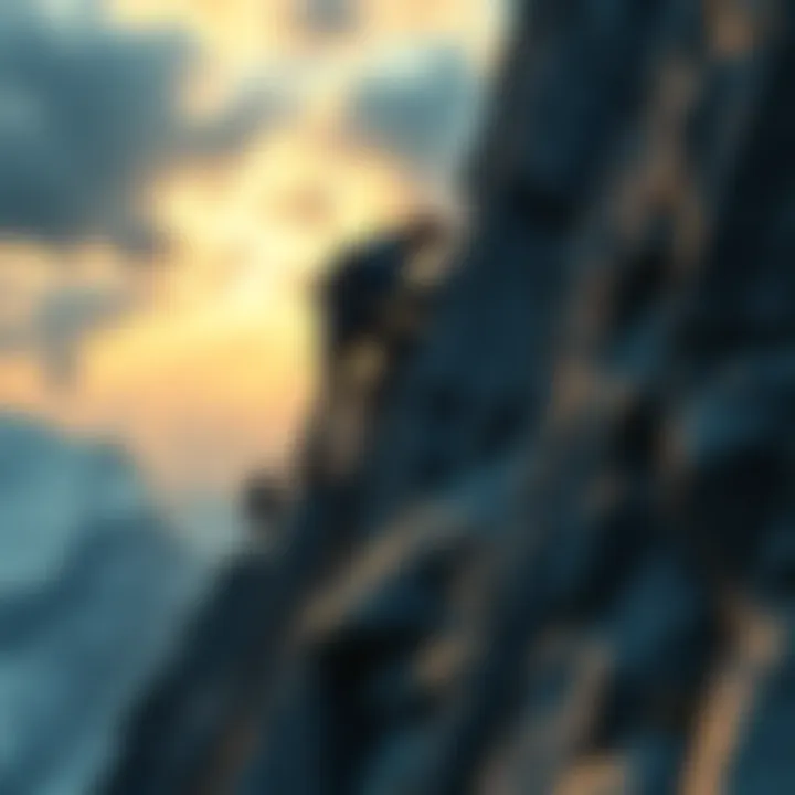 A determined person scaling a steep mountain, symbolizing perseverance and strength