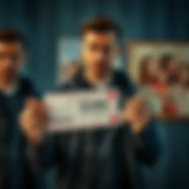 A person standing alone, looking thoughtful and worried, holding a lottery ticket in one hand and cash in the other, with a blurred family photo in the background.