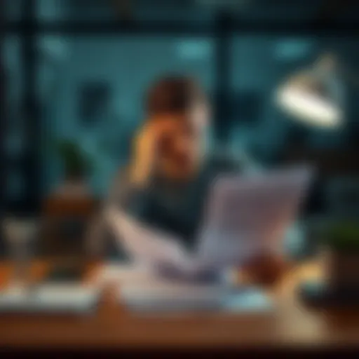 A person sitting at a desk with a thoughtful expression, looking at paperwork related to their job and health options, symbolizing the decision to leave work for health reasons.