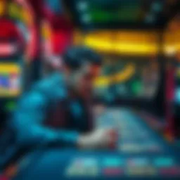 Individual looking stressed while playing at a casino table surrounded by colorful slot machines