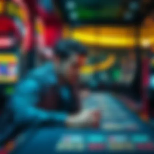 Individual looking stressed while playing at a casino table surrounded by colorful slot machines