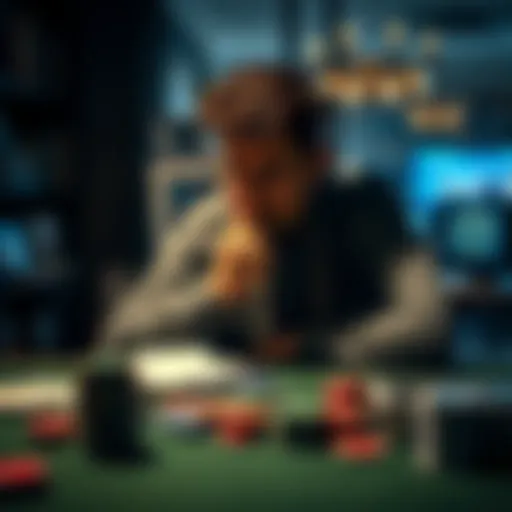 A person sitting alone at a table, looking thoughtful and stressed, surrounded by gambling items like cards and chips, symbolizing the struggle with addiction.