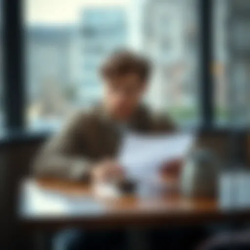 A person sitting at a table with a thoughtful expression, looking at a piece of paper and a cup of coffee, representing decision-making.