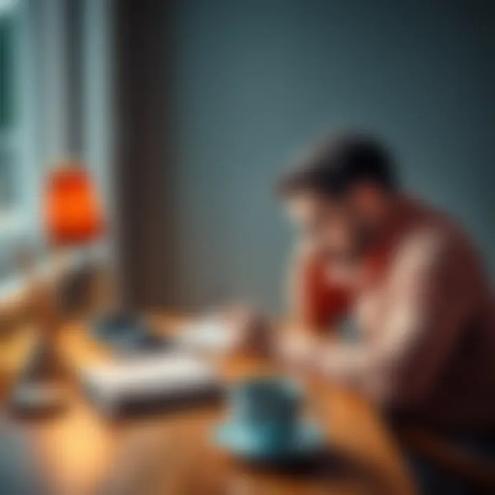 A person sitting at a table with a notebook, looking thoughtful while considering different life choices, surrounded by various objects representing options like a phone, a book, and a coffee cup.