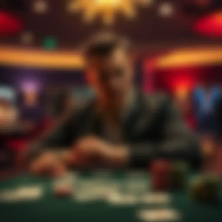 A person sitting at a table with playing cards, looking thoughtful while considering their next move