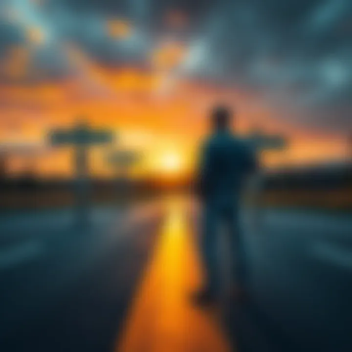A person standing at a crossroads with signs pointing in different directions, contemplating a decision.