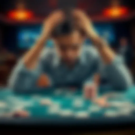 A person sitting at a gaming table looking frustrated and lost after a big loss, hands on their head, with playing cards scattered around.