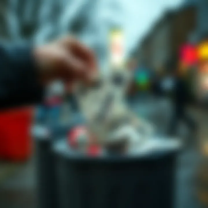 A person throws away losing lottery tickets into a trash bin, symbolizing letting go of past losses.