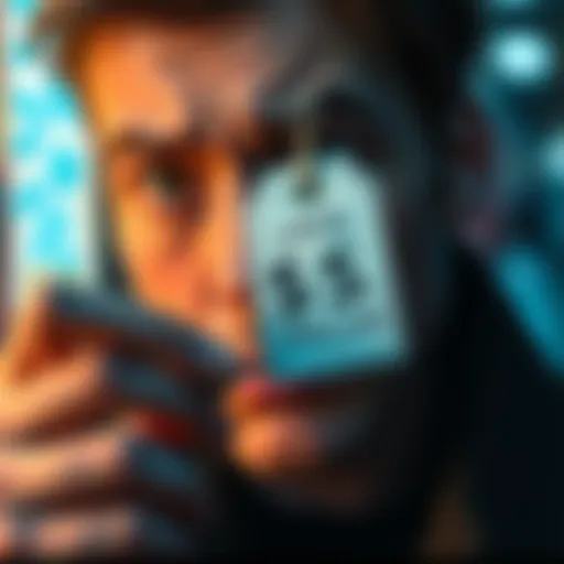 A person with a concerned expression examining a discount tag showing a limit of five dollars