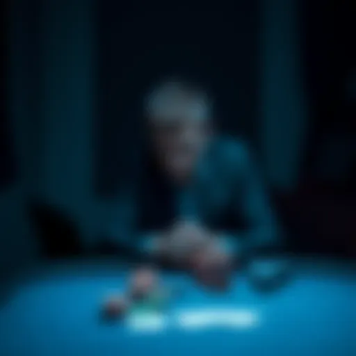 Person sitting alone in a dimly lit room A person looks distressed sitting at a table with gambling chips and cards, symbolizing the struggle with addiction.