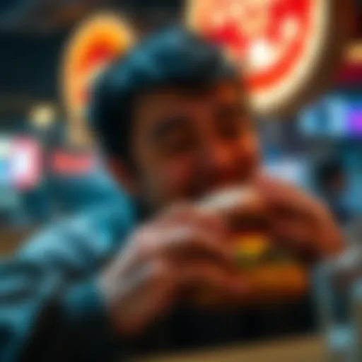 Individual finding comfort in a burger while reflecting on gambling struggles
