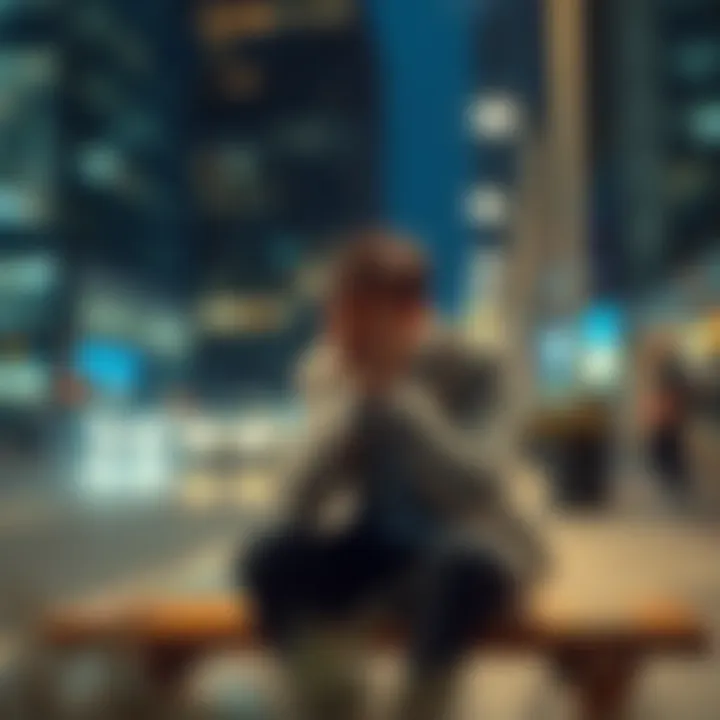 A person sitting on a bench, looking worried with their hands on their face, surrounded by a blurred city background.