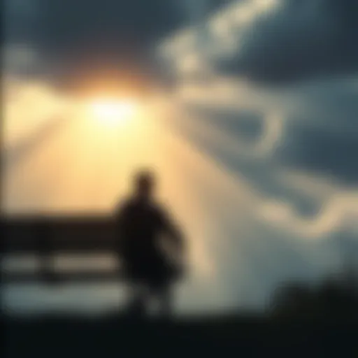 Person finding hope A person sitting on a bench looking contemplative, with a ray of sunlight breaking through the clouds above, symbolizing hope and overcoming feelings of worthlessness.