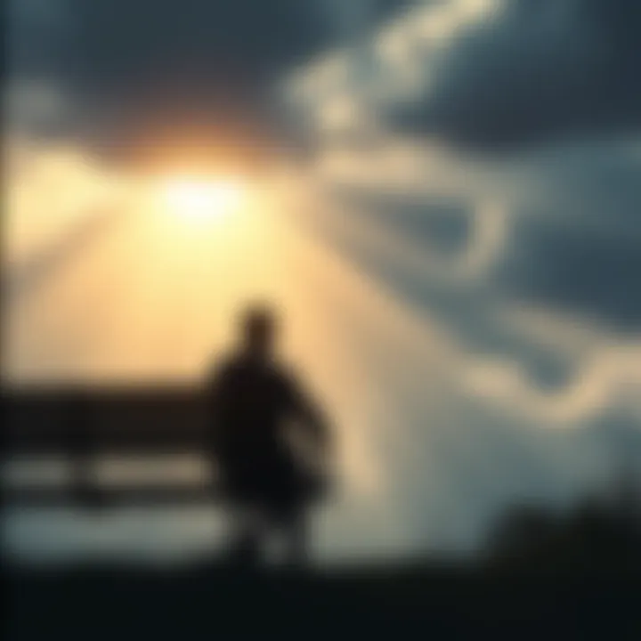 Person finding hope A person sitting on a bench looking contemplative, with a ray of sunlight breaking through the clouds above, symbolizing hope and overcoming feelings of worthlessness.
