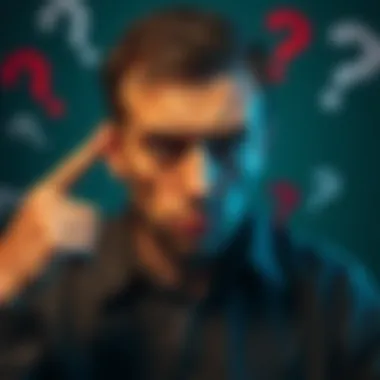 A person with a frustrated expression, pointing to their head to indicate foolishness, surrounded by question marks and confusion, highlighting societal issues.