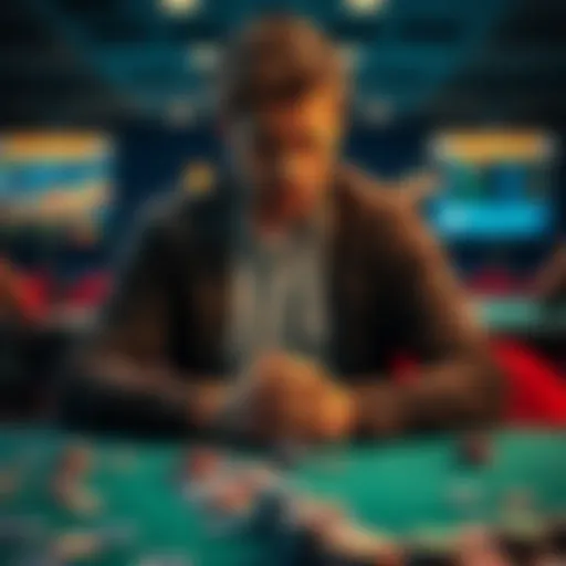 A worried person sitting at a table surrounded by gambling chips, reflecting on their struggles with addiction and financial issues