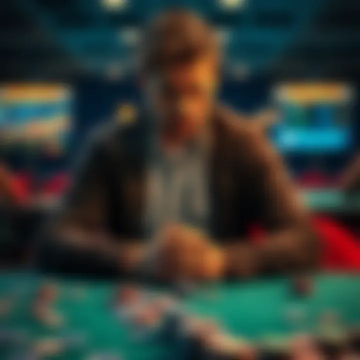 A worried person sitting at a table surrounded by gambling chips, reflecting on their struggles with addiction and financial issues
