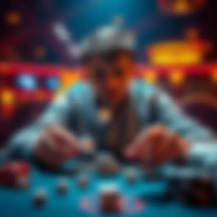 A person sitting at a table, focused on throwing dice in a game, reflecting the allure and risk of gambling.