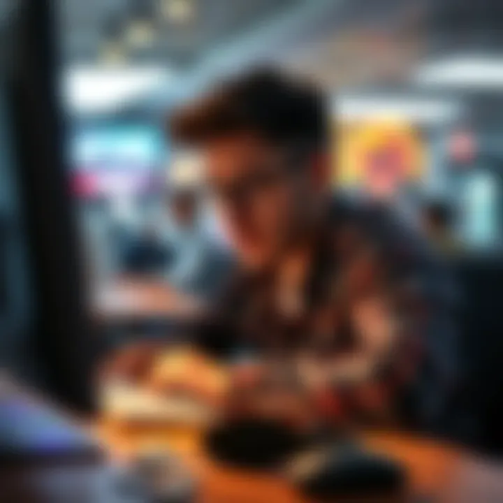 A person looking stressed while gambling online at a computer, with a worried expression and empty wallet on the desk.