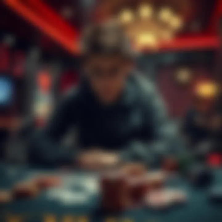 A young person looking worried while sitting at a gaming table, with cards and chips scattered around them, reflecting on their gaming losses.