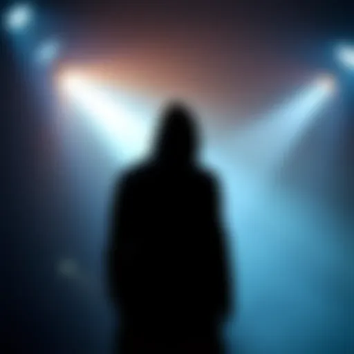 A shadowy figure standing away from the lights, representing someone who has stepped back from public view.