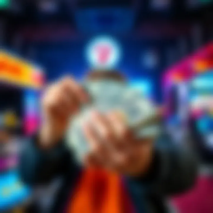 A person excitedly holding a stack of cash after winning a gaming bonus