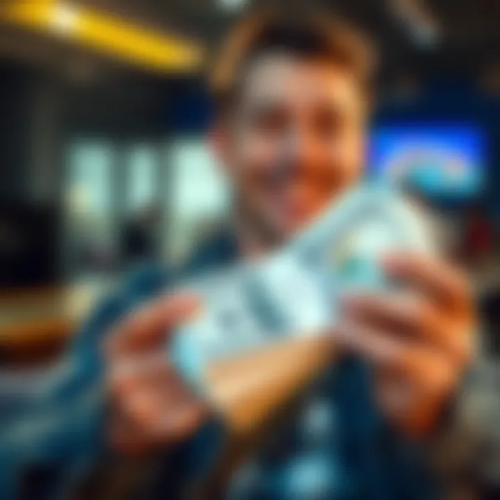 A person smiling while holding a stack of cash, representing financial gain and free money tips.