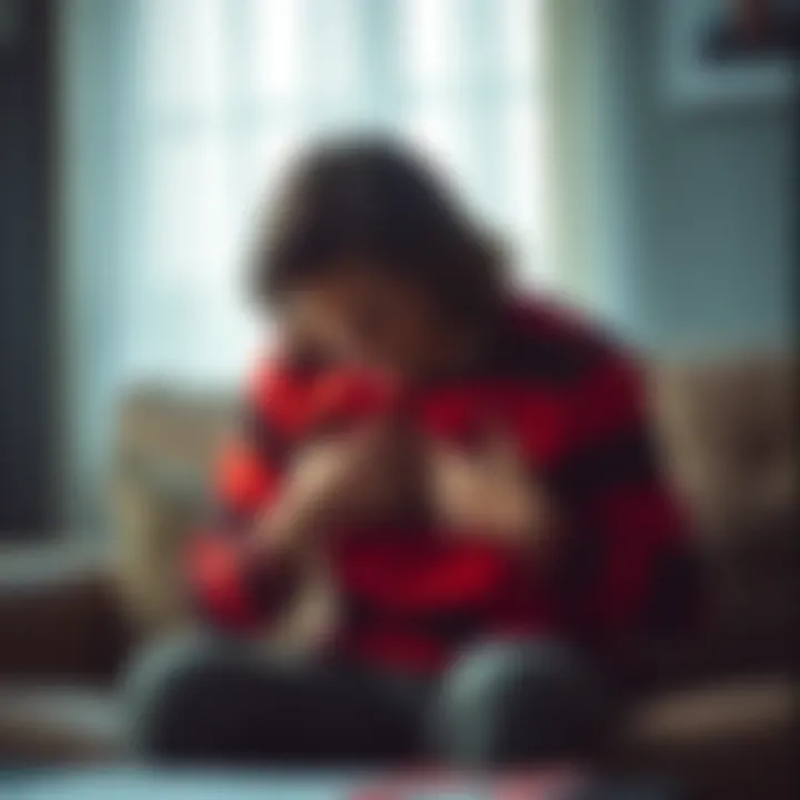 A person sitting on a couch, holding their chest with a pained expression, showing the emotional and physical impact of pain