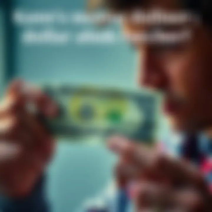 A person looking at a dollar bill with a thoughtful expression, considering financial options.