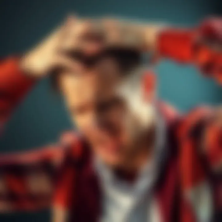 Individual expressing discomfort with a pained expression while holding their forehead