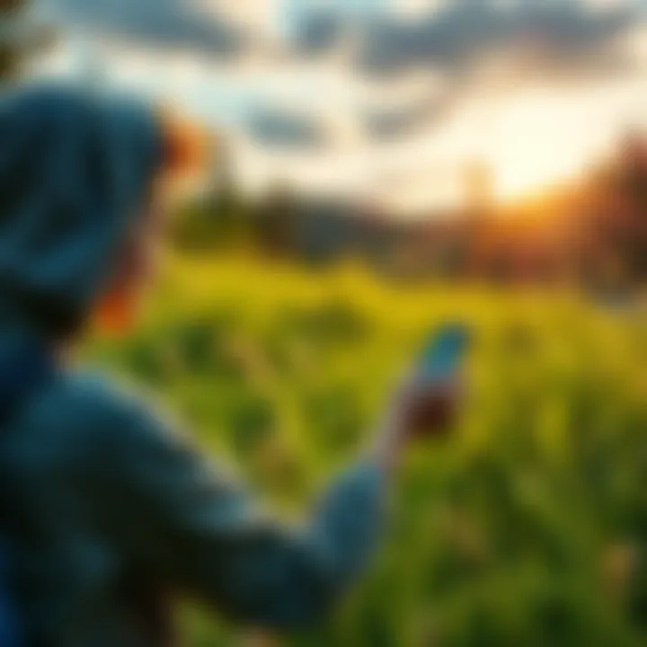 A person outdoors looking at their phone while searching for shiny Pokémon, surrounded by green grass and trees.