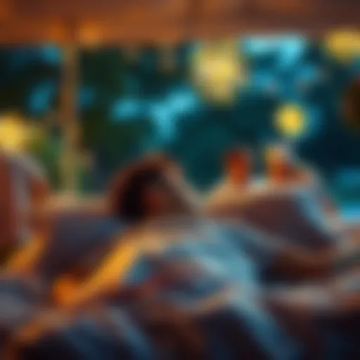 A person lying in bed looking contemplative while family members celebrate joyfully outside, symbolizing struggle with depression against festive surroundings.