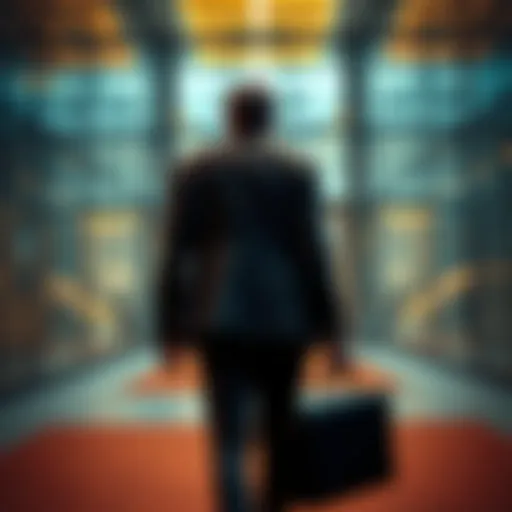 A person walking away from an office building with a briefcase, looking back one last time