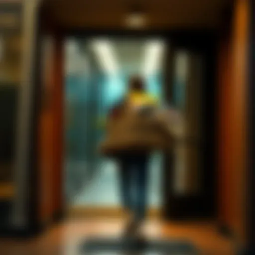 A person holding a box filled with personal belongings, walking out of an office building, symbolizing a career change.
