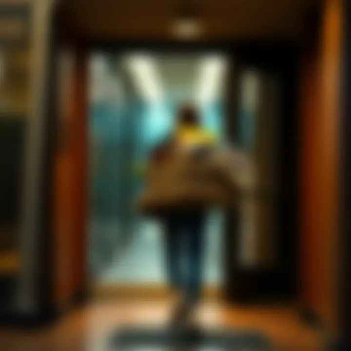 A person holding a box filled with personal belongings, walking out of an office building, symbolizing a career change.