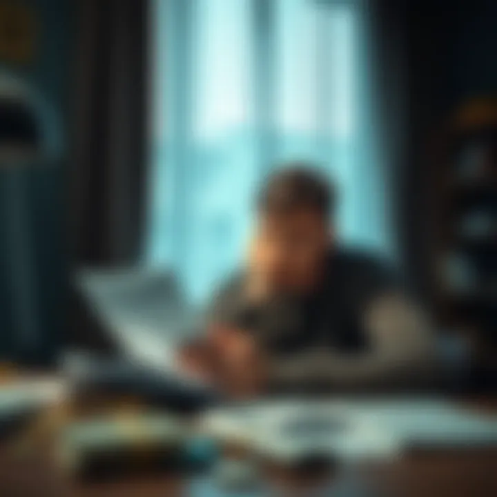 A person sitting at a table, looking worried while reviewing bills and financial documents