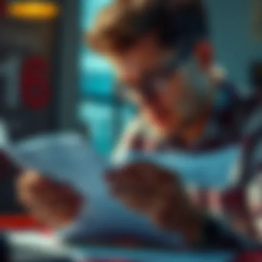 A concerned individual reviewing their monthly bills and finances, showing signs of stress and determination to regain control after gambling addiction.