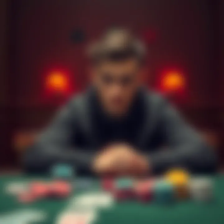 A person sitting alone, looking thoughtful with a slight frown, surrounded by gambling chips and cards, reflecting on challenges after a setback in gambling recovery.