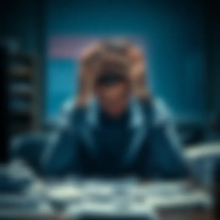 A person with their head in their hands, sitting at a desk covered in papers, reflecting feelings of stress and resignation.