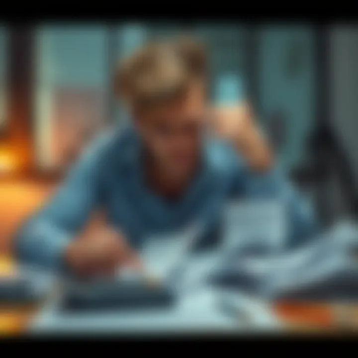 A distressed person sitting at a table with bills and a calculator, looking worried and lost in thought.