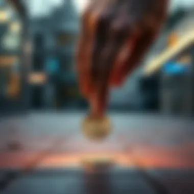 A hand reaching down to pick up a shiny coin from a pavement