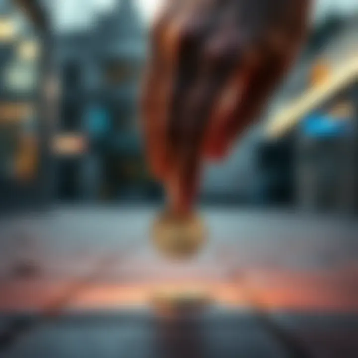 A hand reaching down to pick up a shiny coin from a pavement