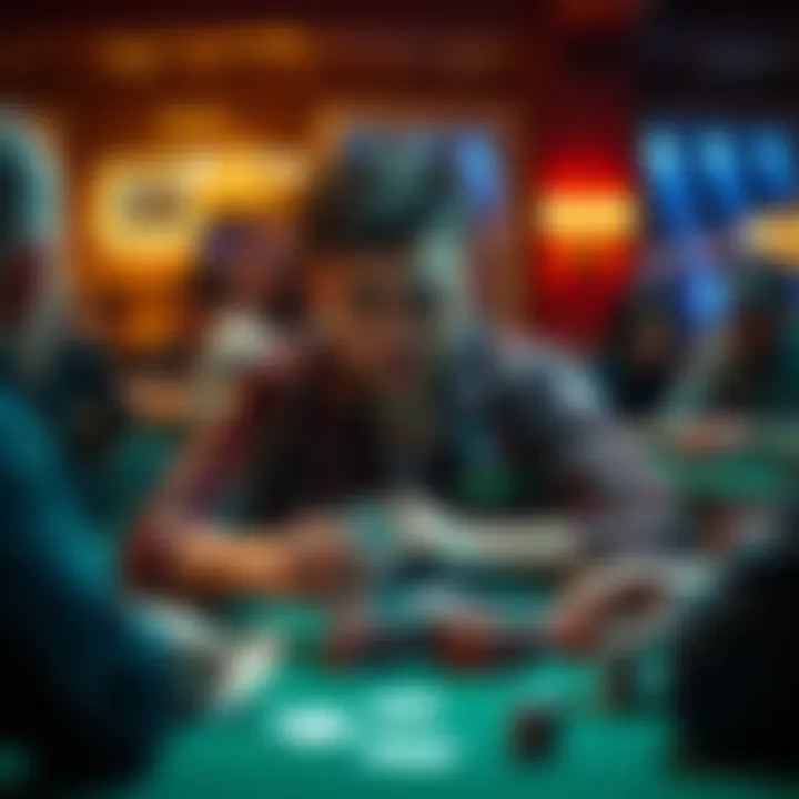 A focused individual at a card table, demonstrating confidence while playing. Other players are in the background, creating a lively atmosphere.