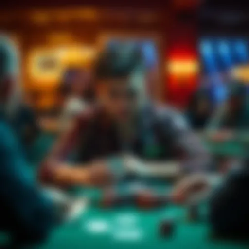 Person playing cards at a table A focused individual at a card table, demonstrating confidence while playing. Other players are in the background, creating a lively atmosphere.