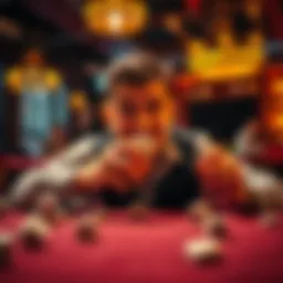 A person at a table rolling dice and looking excited while gambling.