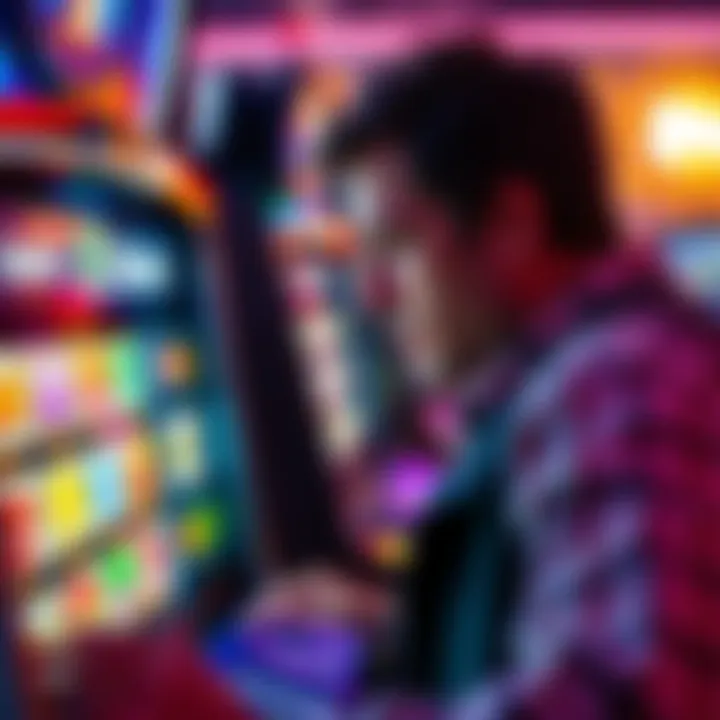 A person focused on a slot machine with colorful reels displaying various symbols, eagerly anticipating the results of their bet.