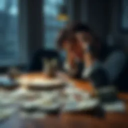 Individual sitting at a table looking worried with bills and papers spread out, symbolizing financial stress after losing money.