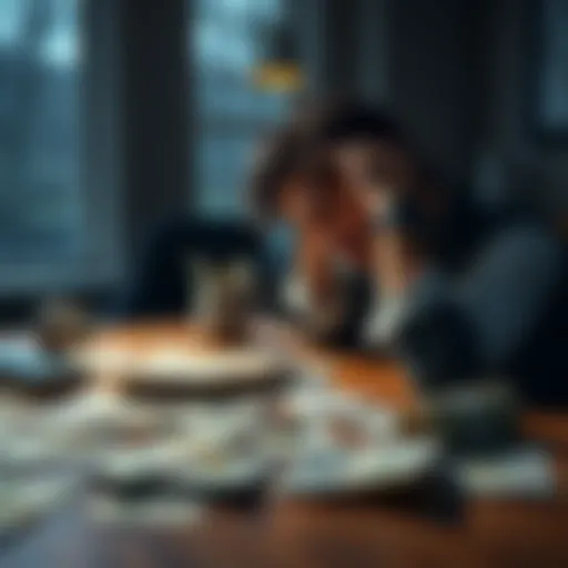 Individual sitting at a table looking worried with bills and papers spread out, symbolizing financial stress after losing money.