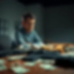 Person reflecting on financial loss A person sitting alone, looking troubled while staring at a table covered with bills and empty wallets, representing financial struggles after a huge loss.